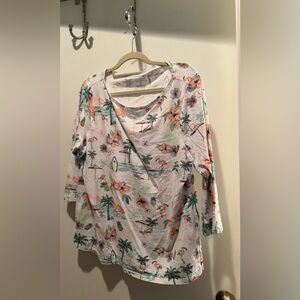 Talbots White Tropical Floral Long-Sleeve Tee with Peach Accents